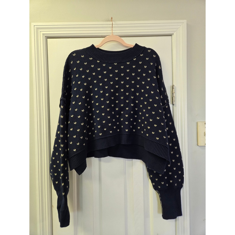Free‎ People Butterfly Knit Cropped Sweater Navy Blue Cream Oversized L Chunky